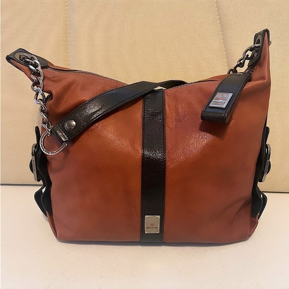 MICHELE Brown & Black Leather Chain Link Strap Shoulder Bag - Picture 1 of 16